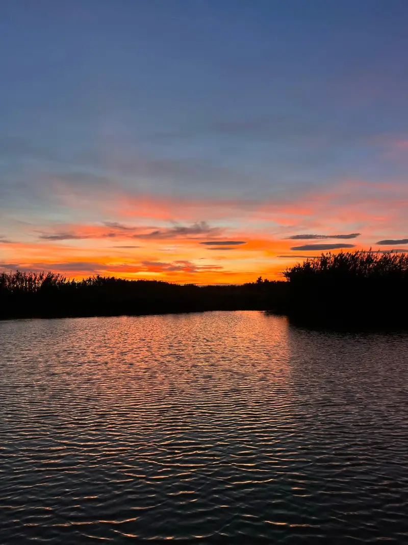 Atardecer naranja intenso reflejado en el lago de la Albufera de Valencia