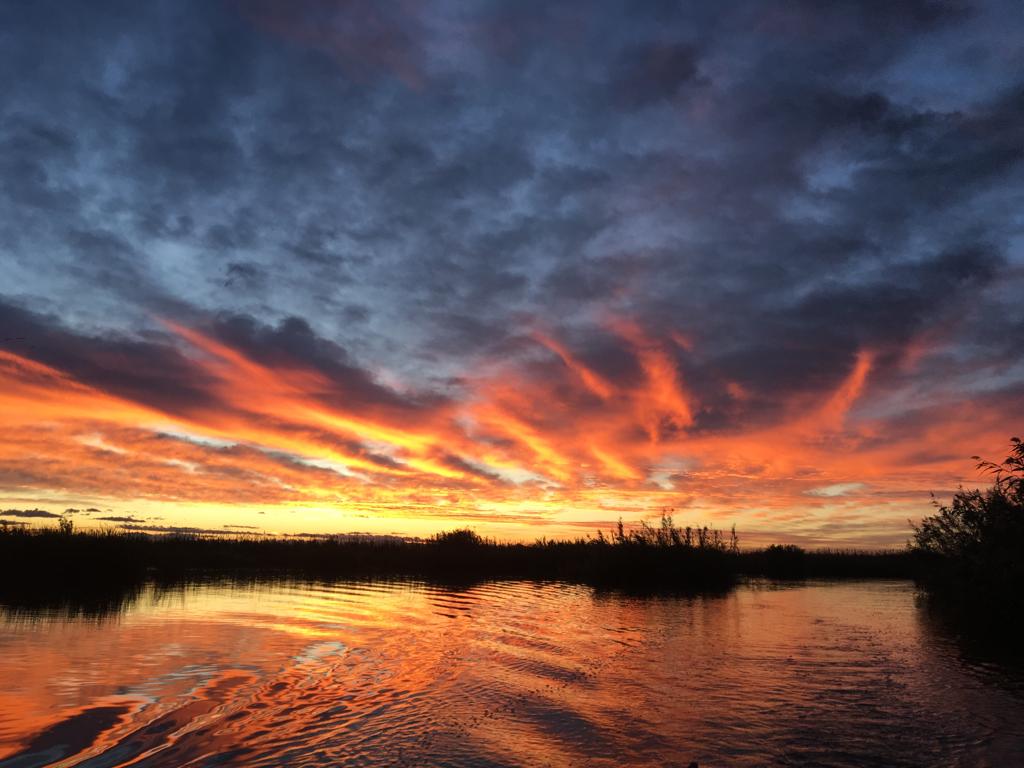 Puesta de sol sobre la Albufera de Valencia vista desde una barca tradicional